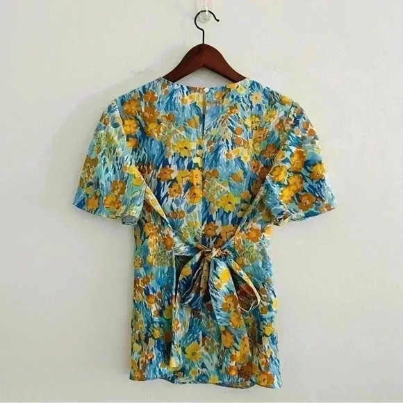 New J. McLaughlin Yellow Blue Floral Blouse Top Linen Blend - Picture 9 of 15